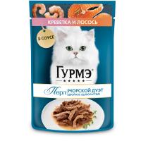 Влажный корм для кошек Гурмэ Перл Морской Дуэт со вкусом креветки и лосося, нежное филе в соусе, 75 г